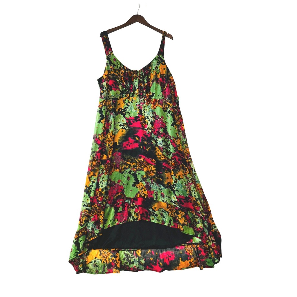 Floral Sleeveless Babydoll Dress Strappy Ruffle Front 2X Green Marbled High Low